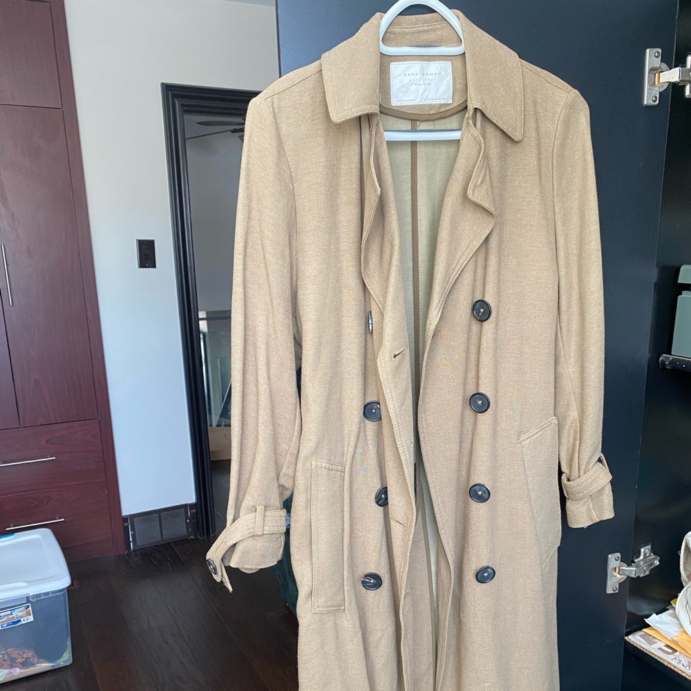 Zara Double Breasted Linen-Blend Trench Coat